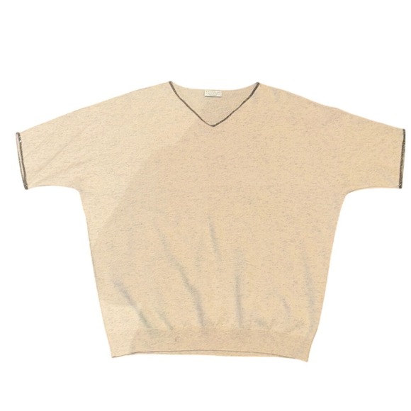 Brunello Cucinelli Cashmere V-Neck Sweater Monili Bead Trim Tan Beige XL Italy